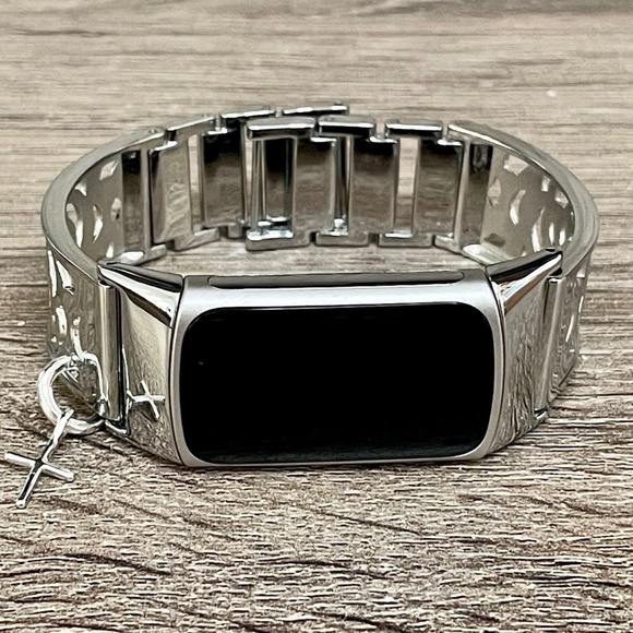 Silver Metal Band Fitbit Charge 5 Bracelet Slim Cross Charm Jewelry Wristband - Picture 6 of 8